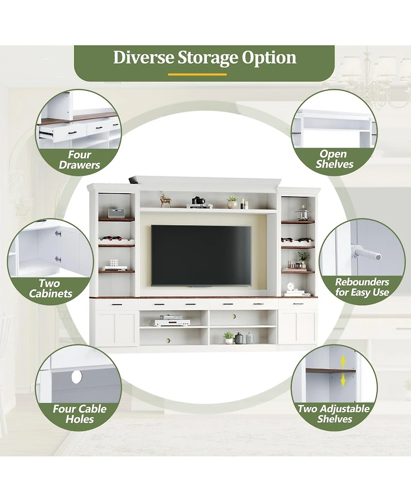 Streamdale Furniture Farmhouse 4-Piece Entertainment Center with Bookshelf, Walnut Tv Stand