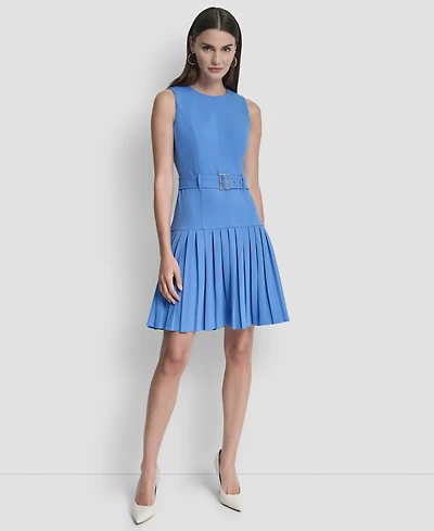 Dkny Women's Sleeveless Jewel Neck Pleated Drop Waist Mini Dress