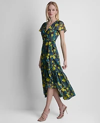 Dkny Women's Flutter-Sleeve Faux Wrap Ruffle Hem Midi Dress