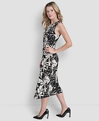 Dkny Women's Sleeveless Jewel Neck Side Knot Floral Midi Dress