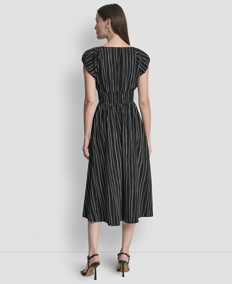 Dkny Women's Short Puff-Sleeve Striped Jewel Neck Midi Dress