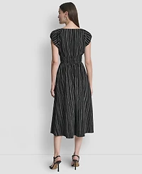 Dkny Women's Short Puff-Sleeve Striped Jewel Neck Midi Dress