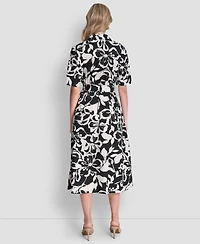 Dkny Women's Elbow Sleeve Collared Neck Button-Front Belted Floral Midi Shirtdress