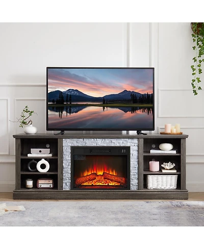 Streamdale Furniture 70" Tv Stand with Faux Stone Surround and 23" Fireplace Insert.