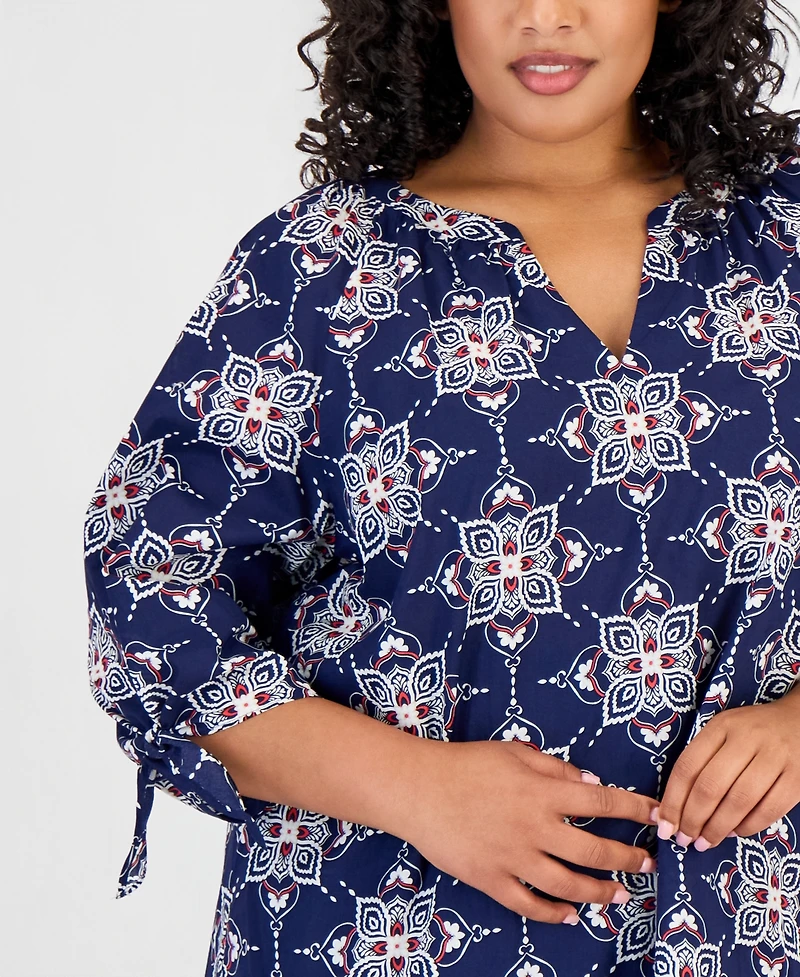 Jones New York Plus Cotton Tie-Cuff Top