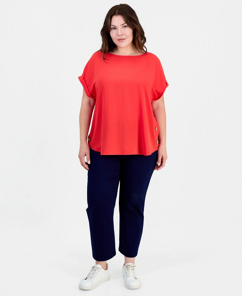 Jones New York Plus Button-Trim Short-Sleeve Top
