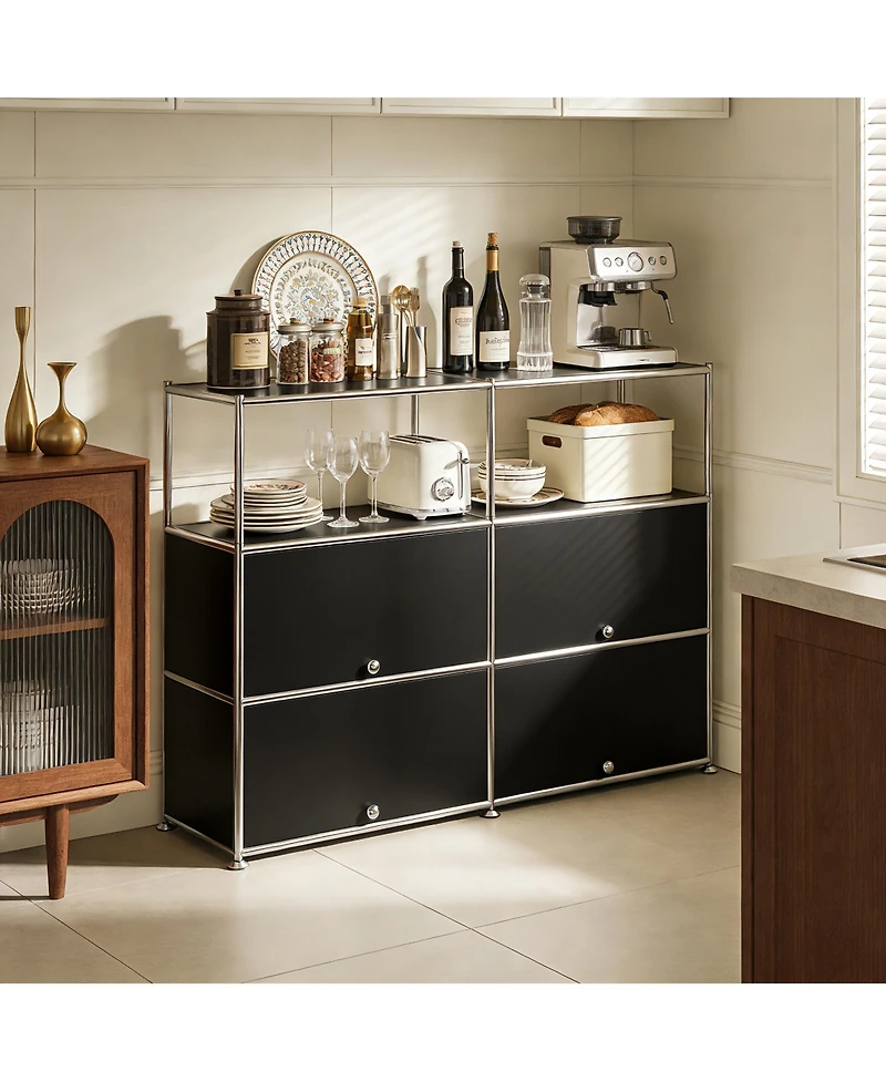 Mega Casa Multi-Purpose Storage Cabinet with Double Drawers and Open Display Shelf, Modern Metal Frame Console for Entryway or Living Room