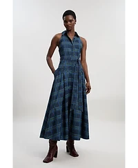 Karen Millen Women's Check Taffeta Belted Maxi Shirt Dress