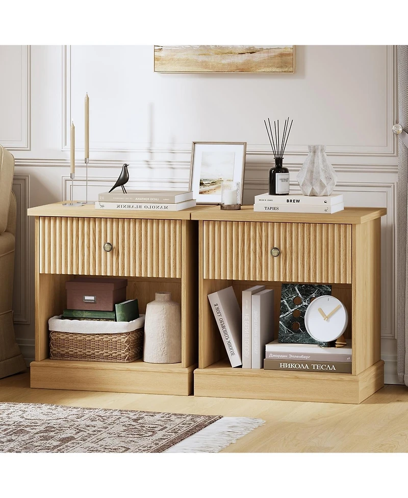 gaomon Fluted Nightstand with Drawer, Mid Century Modern Bedside Table Light Wood Nightstand with Storage