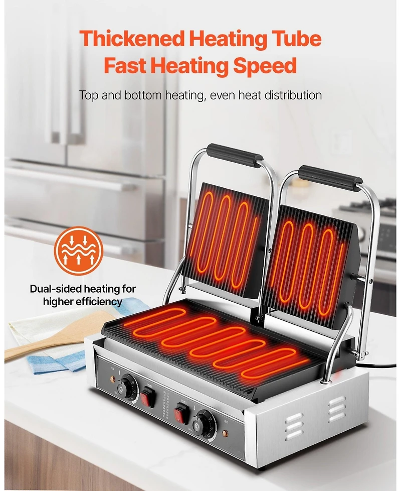 Ecooso Commercial Electric Panini Press Grill with Full Grooved Plates and Temperature Control