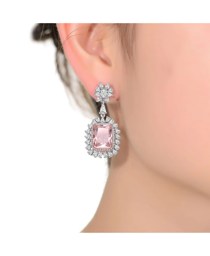 Rachel Glauber White Gold Plating with Pink Cubic Zirconia Halo Dangle Earrings