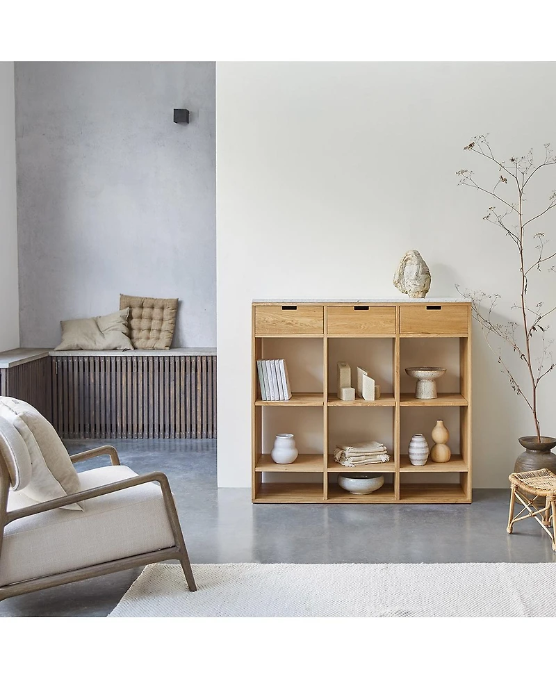 Tikamoon Miho low bookcase in solid oak and white premium terrazzo