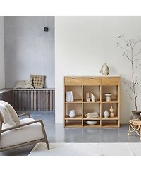 Tikamoon Miho low bookcase in solid oak and white premium terrazzo