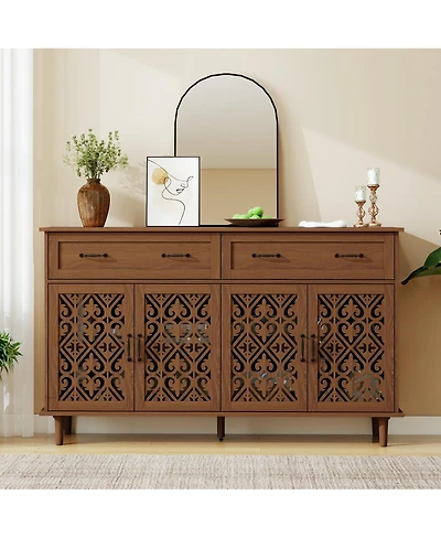 Streamdale Furniture Vintage Sideboard Buffet Cabinet, Hand-Carved Doors, 2 Drawers, 4 Doors