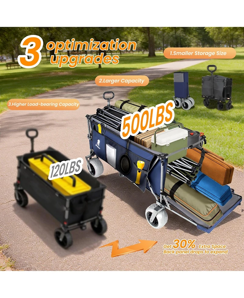 Rainsken Heavy Duty Utility Wagons, Extra Long Large Foldable Wagon with Opened Tailgate and All-Terrain Wheels, 500lbs Capacity for Beach