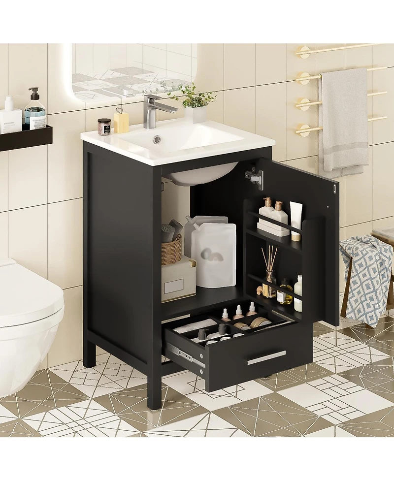 Sillysis 20" Modern Freestanding Bathroom Vanity with Ceramic Sink, Solid Wood Frame and Soft Close Door for Small Spaces