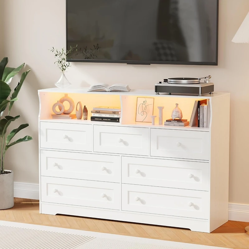 gaomon 7-Drawer Dresser with Led Lights & Charging Station, Wood Storage Chest with Open Compartments for Bedroom