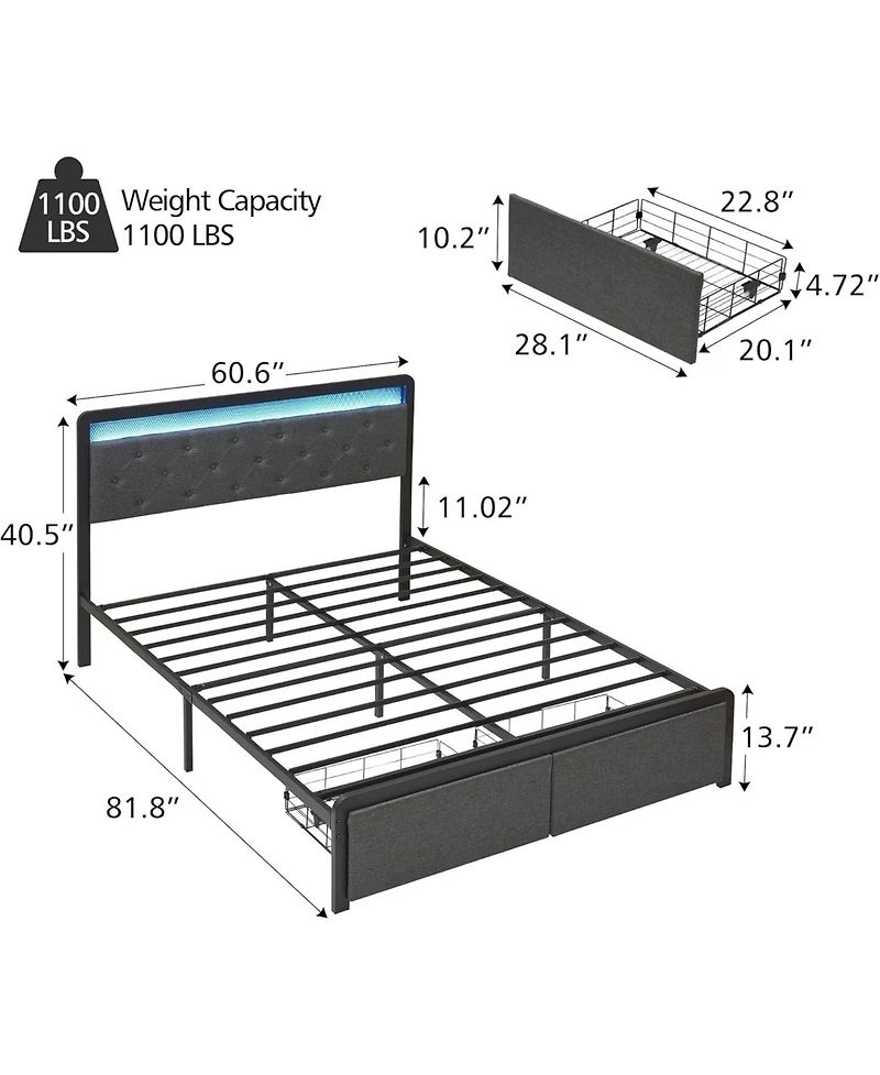 gaomon Queen Bed Frame With 2 Drawers Upholstered Platform Bed Led Headboard No Box Spring Easy Assembly