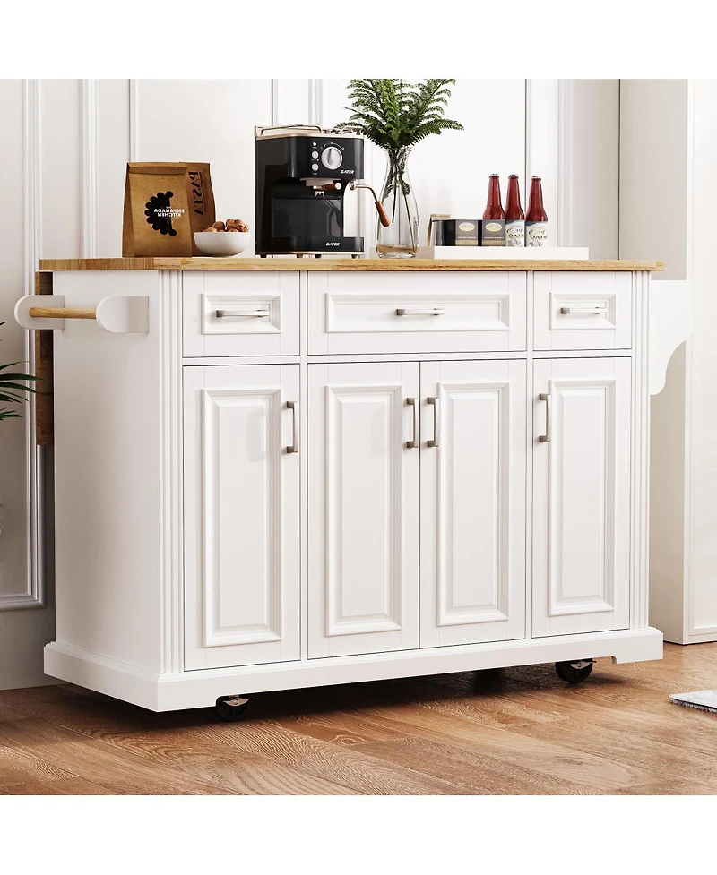 Streamdale Furniture 54" White Kitchen Island with Drop Leaf, 4 Doors, 3 Drawers, on Wheels