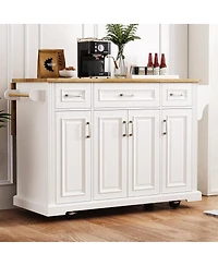 Streamdale Furniture 54" White Kitchen Island with Drop Leaf, 4 Doors, 3 Drawers, on Wheels