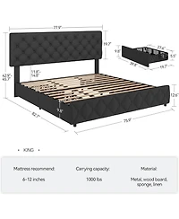 gaomon Bed Frame 4 Drawers Adjustable Headboard Linen Upholstered Diamond Tuft No Box Spring