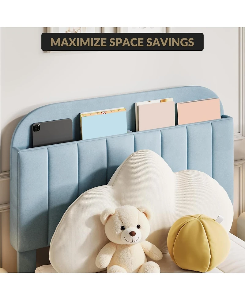 gaomon Bed Frame Velvet Platform Bookcase Headboard Kids Girls Steel Legs Easy Build Noise Free.