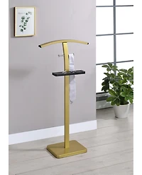 Kings Brand Furniture Freestanding Clothing Valet Rack Stand, Metal & Wood Suit with Bar, Accessory Tray 2 Hooks for Bedroom or Closet