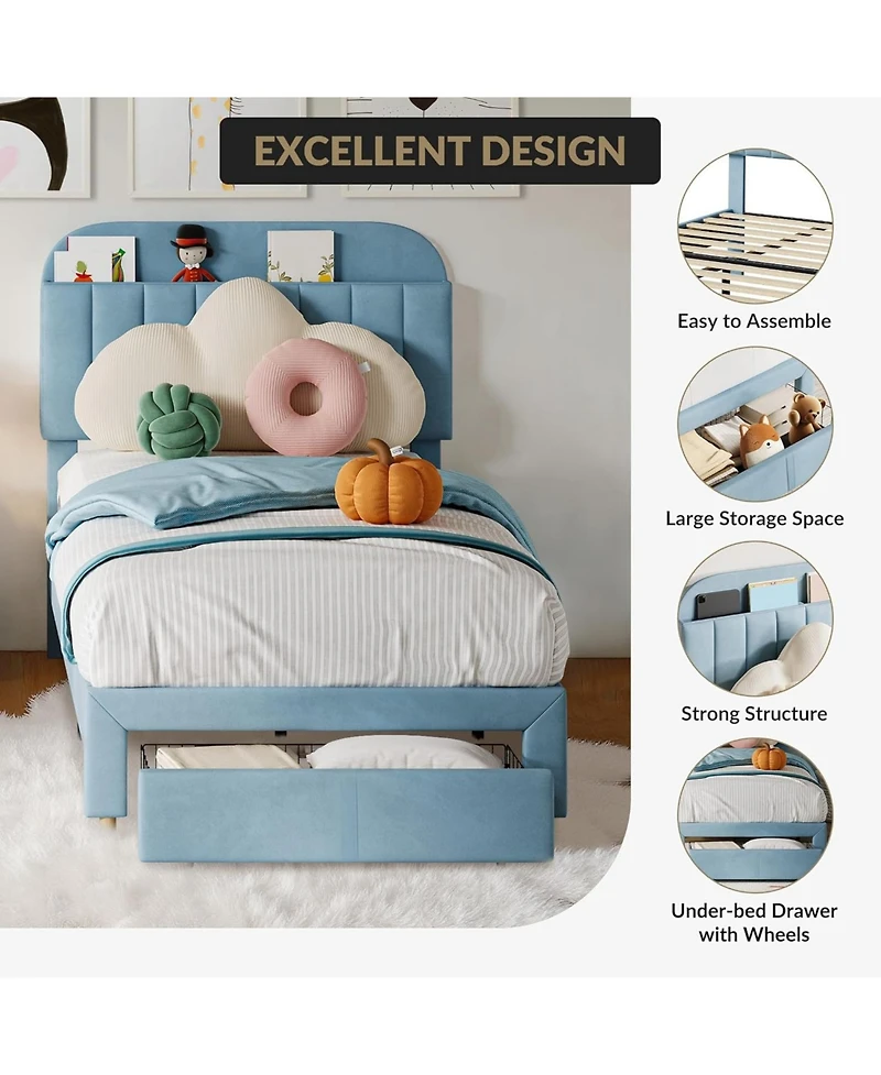 gaomon Bed Frame Velvet Platform Bookcase Headboard Kids Girls Steel Legs Easy Build Noise Free.