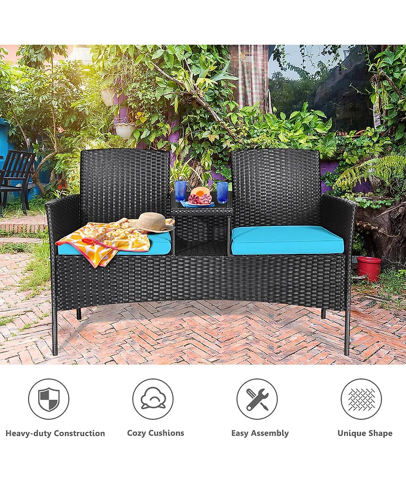 Patio Rattan Loveseat Sofa Cushioned Coffee Table