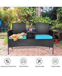 Patio Rattan Loveseat Sofa Cushioned Coffee Table
