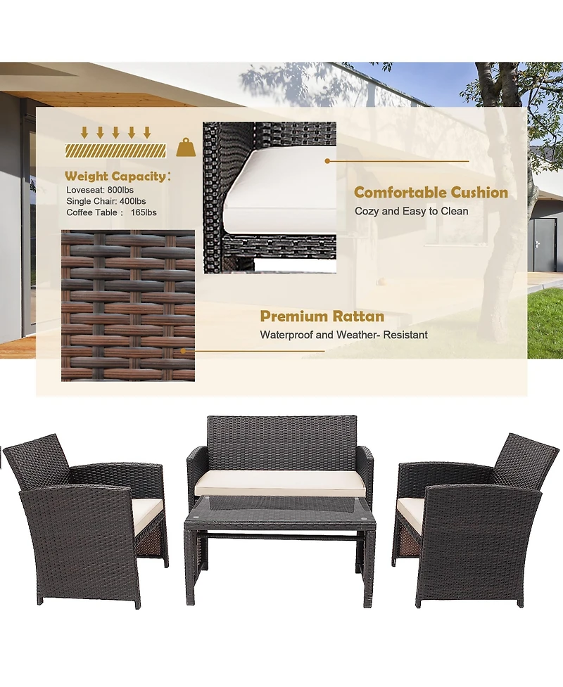 4PCS Patio Rattan Furniture Set Cushioned Chair Sofa Coffee Table