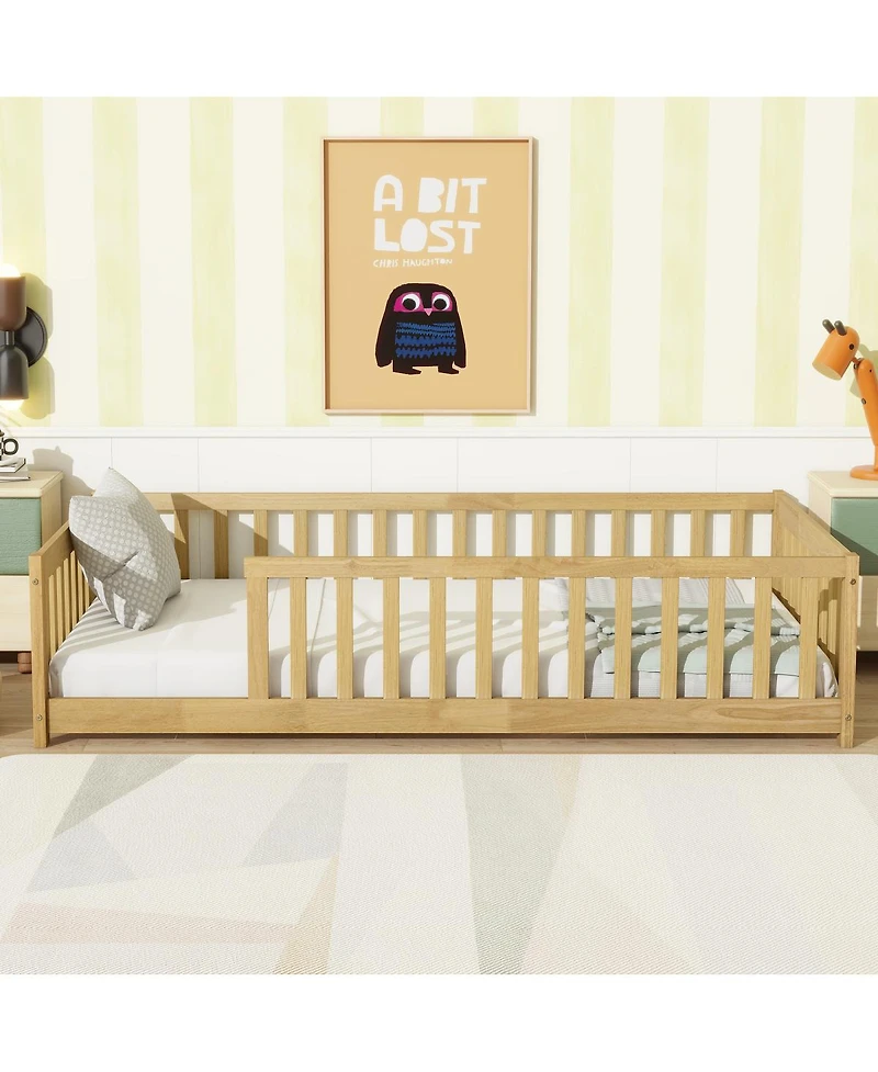Streamdale Furniture Twin Size Floor Bed with Fence and Safety Guardrails