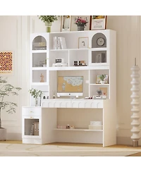 Homsee 79.1 in. Tall Wood 13-Shelf Standard Bookcase with Writing Desk Table, Glass Door Cabinet,Drawers, French Style