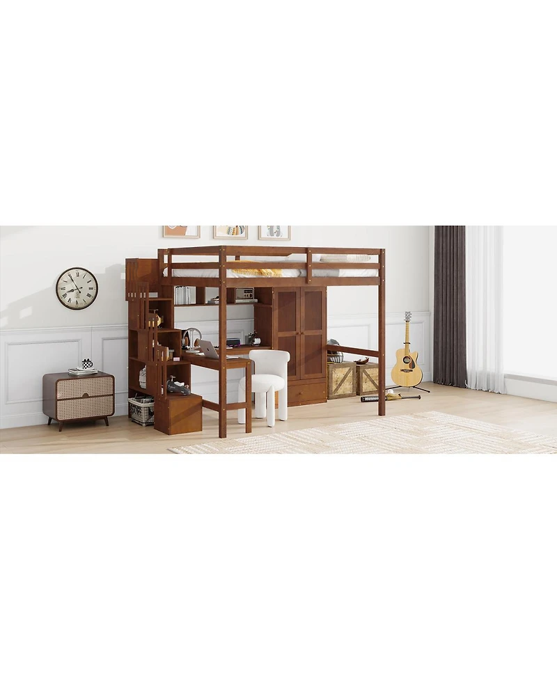 Streamdale Furniture Full Size Walnut Loft Bed with Desk, Shelves, Wardrobe & Stairs