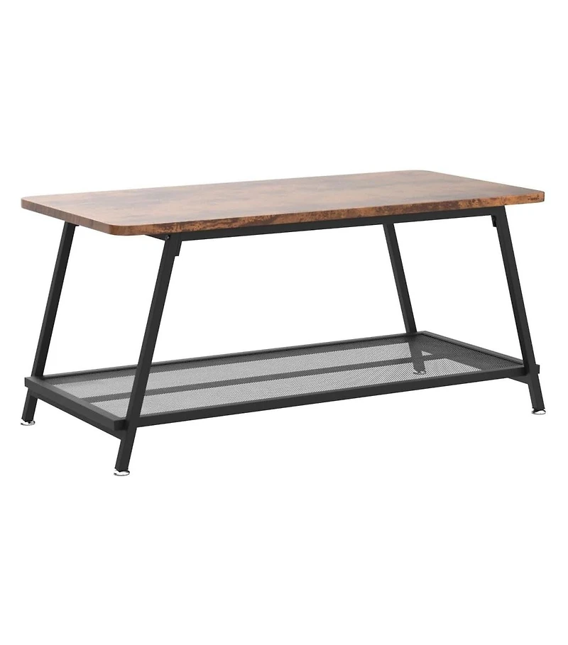 gaomon Industrial Rectangular 2-Tier Wood Coffee Table with Metal Frame and Mesh Shelf.