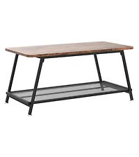 gaomon Industrial Rectangular 2-Tier Wood Coffee Table with Metal Frame and Mesh Shelf.