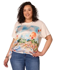 Democracy Plus Short-Sleeve Mixed-Media Print Top
