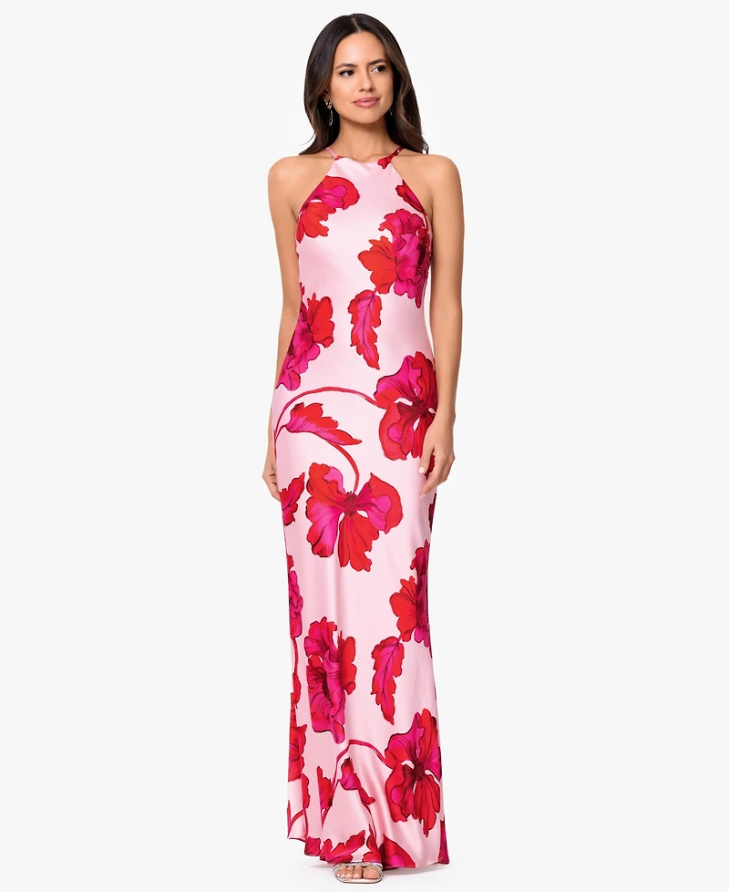 Xscape Women's Sleeveless Halter Neck Printed Long Dress