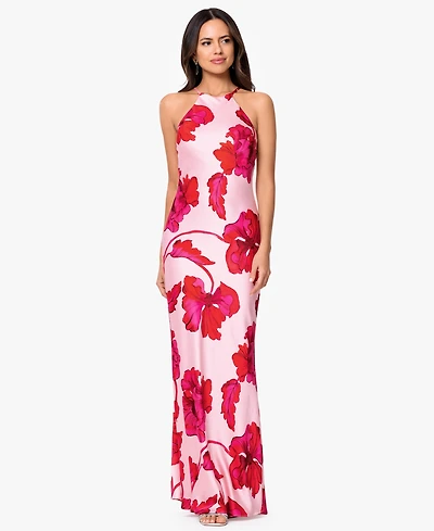 Xscape Women's Sleeveless Halter Neck Printed Long Dress