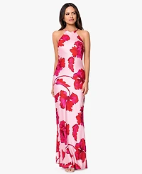 Xscape Women's Sleeveless Halter Neck Printed Long Dress