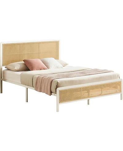 gaomon Full Rattan Bed Frame With Led Headboard Metal Platform Storage Rounded Corners Noise Free No Box Spring