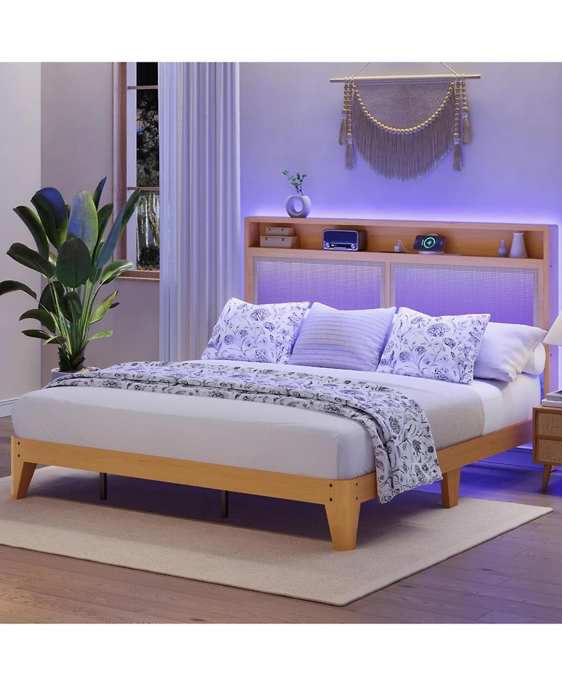 gaomon Rattan Bed Frame with Led Charging Bohemian 2 Tier Storage Headboard Solid Wood Silent Slats No Box Spring