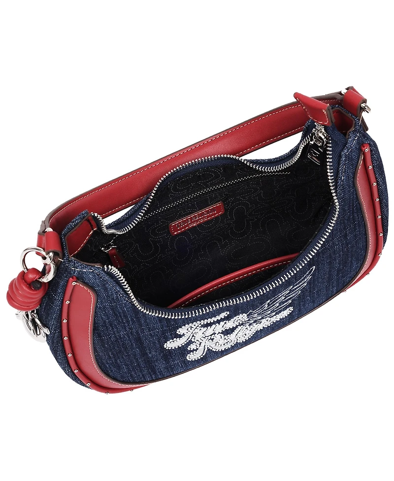 True Religion Wing Motif Denim Hobo Bag with Red Trim