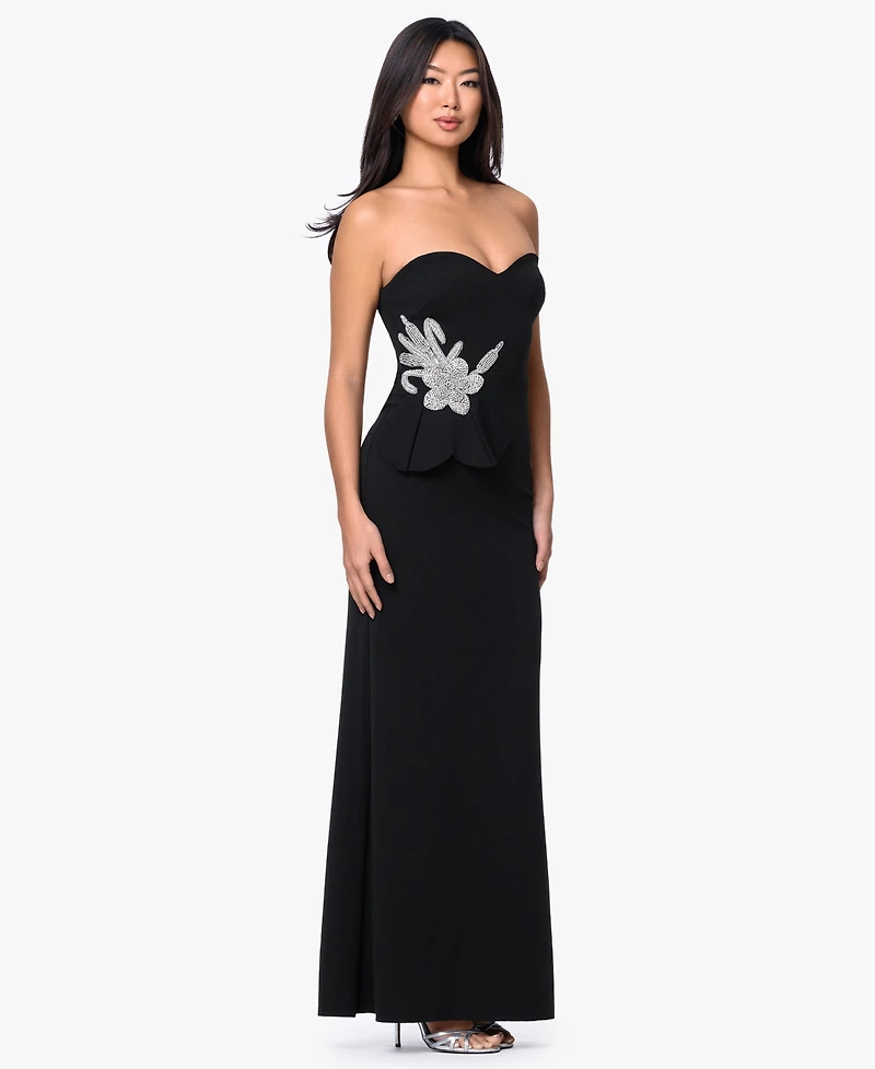 Betsy & Adam Women's Strapless Floral Accent Gown