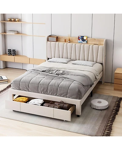 gaomon Queen Bed Frame With Drawer Upholstered Storage Headboard Charging Platform Wood Slats No Box Spring
