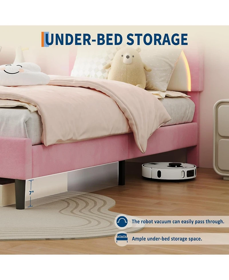 gaomon Twin Xl Bed Frame with Led Adjustable Bear Headboard Storage Drawers Kids Velvet Upholstered Platform Wood Slat