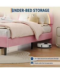gaomon Twin Xl Bed Frame with Led Adjustable Bear Headboard Storage Drawers Kids Velvet Upholstered Platform Wood Slat