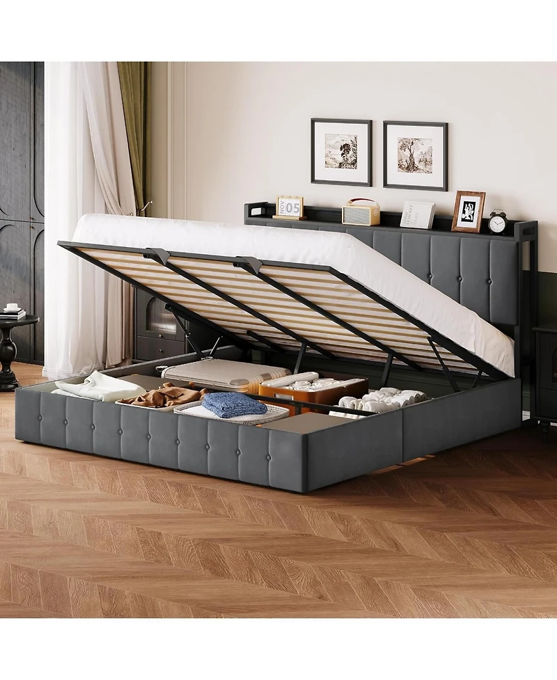 gaomon King Hydraulic Lift Up Storage Upholstered Bed Frame Button Headboard Heavy Metal Platform Wood Slats Noise