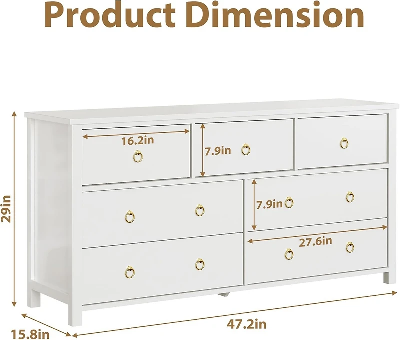 gaomon 7-Drawer Dresser with Gold Handles, Wood Chest of Drawers for Bedroom, Closet, Living Room & Hallway