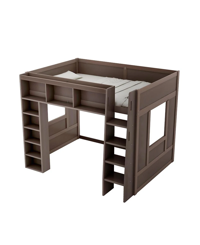 Streamdale Furniture Queen Size Wooden Loft Bed with Storage Cabinets and Shelves